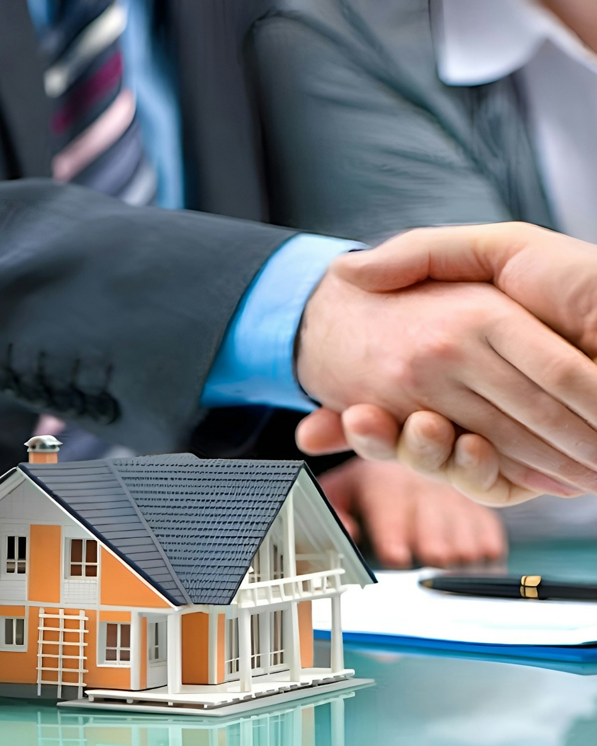 Shaking hands over a house model and keys after agreeing a sale