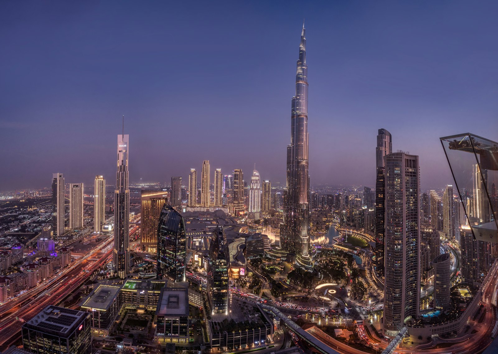 Downtown Dubai and the Burj Khalifa at dusk