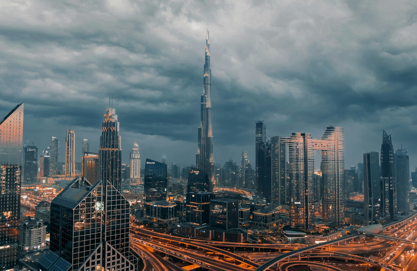 Downtown Dubai and the Burj Khalifa under storm clouds